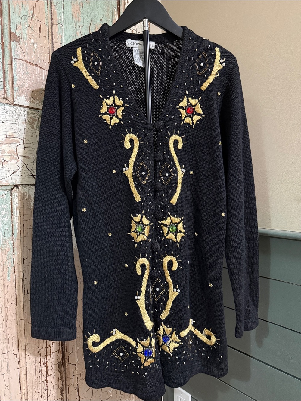 Vintage Victoria Jones Small Black Gold Embroidered Beaded Long Cardigan